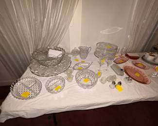 Fostoria, Crystal salt and pepper shakers and  pink glassware