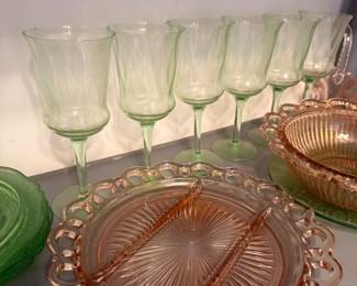 Pink and green depression glass