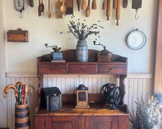 Primitive American Oak Kitchen Side Board, Kitchen tools, coffee grinders.