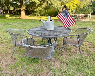 Vintage Wrought Iron Patio Dining Set w/ 4 Barrel-Back Chairs