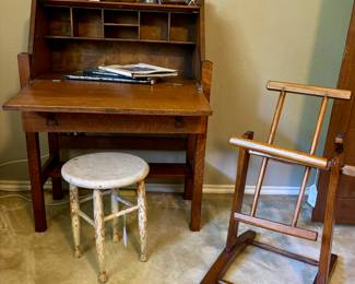 Primitive American Pine Drop Front Secretary Desk and Yarn Winder