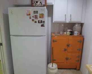 LG Refrigerator, Antique Ice Box and Love Field Potteries Butter Churn