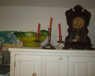 Glass Bowl, Candelabra and Clock