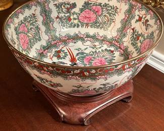 Antique Hand Painted Rose Medallion Chinese Punch Bowl