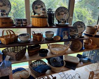 Baskets and china on the sun porch