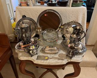 silver plate ob Victorian marble top table