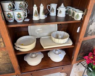 Holiday ware and bakeware in the pie safe