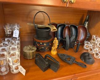 mid century glassware, wrought iron and wood