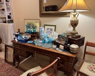 glass on vintage library table