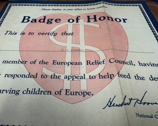 Certificate from Herbert Hoover's campaign to feed Europe after World War I