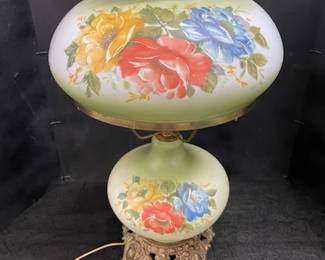 Frosted Green Glass Lamp w/Floral Design