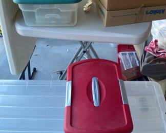 Two Small Plastic Folding Tables, Three Long Storage Bins, And More Storage Containers 