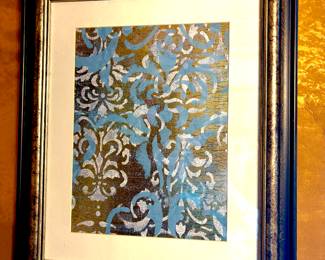 Pair of Venetian damask pattern in blue and gold