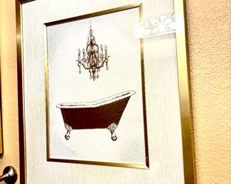 Pair gold framed bath art