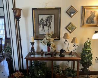Horse painting, table , lamps 