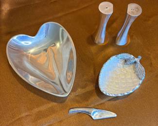 Nambe Heart Platter and Salt/Pepper Shakers with Acorn Dish and Spreader