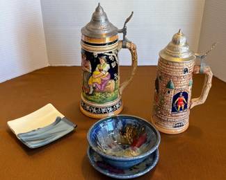 German Beer Steins, Pottery Dishes and Trinket Dish