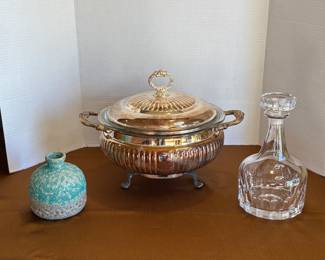 Orrefors Swedish Crystal Decanter, Vintage Chafing Dish, Pottery Vase