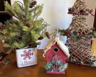 Faux Evergreen & Grapevine Trees, Holiday Birdhouse