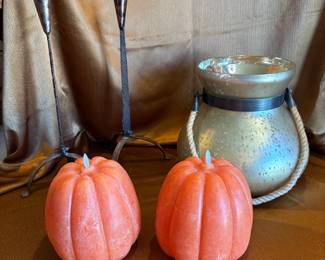 Large Mercury Glass Lantern, Battery Operated Wax Pumpkins and Iron Candleholders