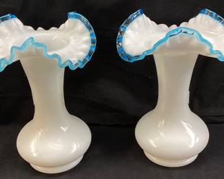 (2) 1940 FENTON AQUA CREST CRIMPED VASES, 8in H, TRI-CORNER TOP