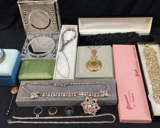 ASSORTED COSTUME & STERLING SILVER JEWELRY, LUCENT COMPACT, PERFUME LOCKET PENDANT, ESTEE LAUDER CAMEO PERFUME COMPACT