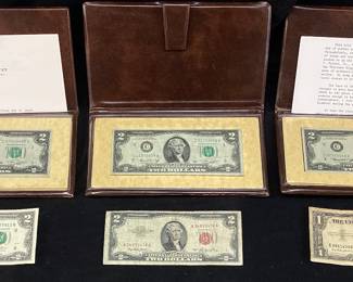 (6) 3 $2 1st DAY ISSUE BILLS FRANKLIN MINT, 1953 RED SEAL $2 NOTE, 1957 $1 BILL