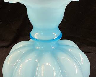 FENTON RUFFLED BABY BLUE MELON VASE, 7.75in H