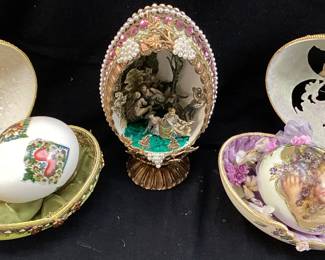  (3) HAND DECORATED EGGSHELLS, BUTTERFLY & VICTORIAN SCENE