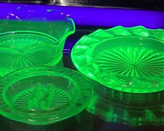 (3) VASELINE URANIUM GLASS DISHES, TRINKET DISH, & ASH TRAYS
