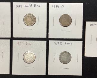 (8) SEATED LIBERTY SILVER DIMES, 1842-O, 1843, 1859-O, 1869, 1871, 1872, 1874