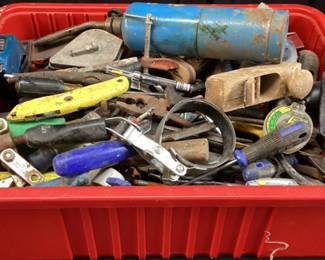 ASSORTED HAND TOOLS, WRENCHES, SAW, UTILITY KNIVES, TORCH, SCREWDRIVERS, OIL WRENCH, TAPE MEASURES