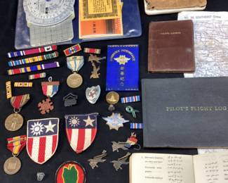 ASSORTED WW2 MILITARY MEDALS, RIBBONS, FLIGHT LOG, FLIGHT COMPUTER, CLOTH MAP SOUTHEAST CHINA,