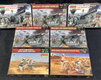 (7) STRELETS 1/72 SCALE MODEL KITS, WW2 US NAVY & ANTI-AIRCRAFT MACHINE-GUN, 6in MK XIX CANON WITH BRITISH CREW WW2, M1916 37mm GUN WITH FRENCH FOREIGN LEGION CREW, FRENCH FOREIGN LEGION WW2 HEAVY WEAPONS SQUAD
