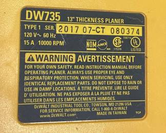 DEWALT DW735 13in THICKNESS PLANER, TYPE 1, 120V-60HZ NO SHIPPING PICKUP ONLY