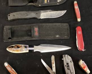  (8) ASSORTED KNIVES, VTG. CASE XX x 3207, KERSHAW, SWISS KNIFE, DART BOOT KNIFE, BLACKRIVER KNIFE