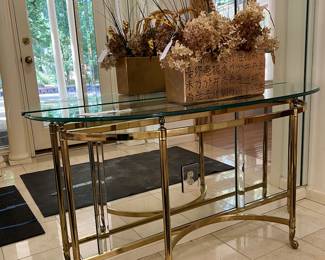 ENTRY FOYER GLASS TOP BRASS CONSOLE TABLE
