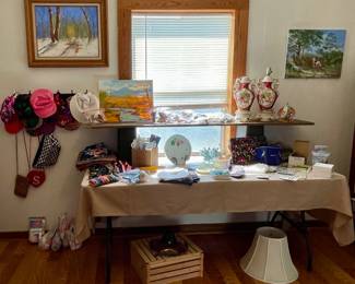 ANTIQUE LAMPS, ART WORK, SEWING NOTIONS, SCARVES