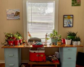 PAINTED FILE CABINETS, PLANTS, ELECTRIC POTTERY WHEEL, MINI WOOD LATHE, BASS-WOODS CARVING BLOCKS KIT BY KINGCRAFT, WOOD CARVING TOOL KIT