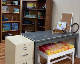 FILE CABINET, VINTAGE INDUSTRIAL DESK, FLORAL UPHOLSTERED BENCH