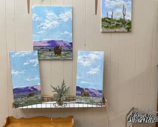 WINDMILL CLOCK, ORIGINAL ART BY SHERYL COLE, STORAGE WALL MIRROR, PAPER SHREDDER, ZEBRA MOTIF CORNER SHELF