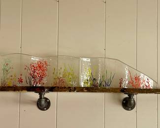 INDUSTRIAL HAND CRAFTED SHELF WITH ATTACHED ART GLASS BY ED COLE
