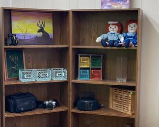 BOOK SHELVES, VINTAGE RAGGEDY ANN & ANDY DOLLS, FREDERIC REMINGTON BOOK