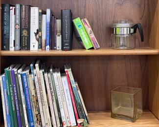 VINTAGE GLASS PYREX COFFEE POT, BOOKS
