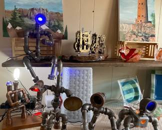 ORIGINAL LIGHT UP INDUSTRIAL STEAM PUNK ART BY ED COLE, ORIGINAL BRASS INDUSTRIAL CLOCK ART BY ED COLE