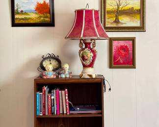 BOOKSHELF, FIGURINES, FRAMED ORIGINAL PAINTINGS