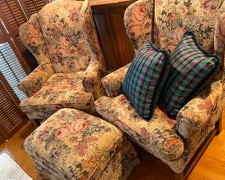 Floral wingback chairs and ottoman