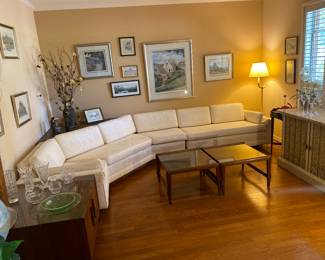 Sleek and classy MCM custom white sofa with corner table