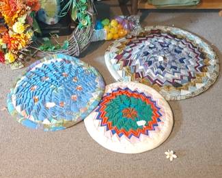 Handmade folk art type rugs and ladder back chair seat covers