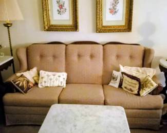 Lightning vintage sofa wooden back and wood accents